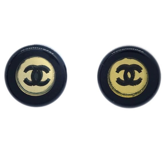 Chanel Button Piercing Earrings Black Silver 01P 195184 - Picture 1 of 8